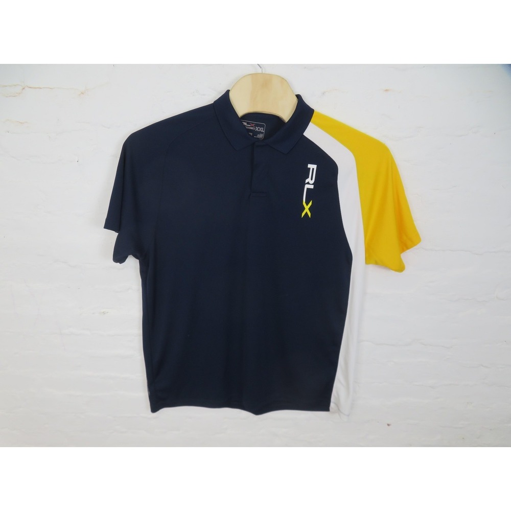 RLX Ralph Lauren Polo Shirt Mens 2XL Blue Yellow Colorblock Tennis Performance